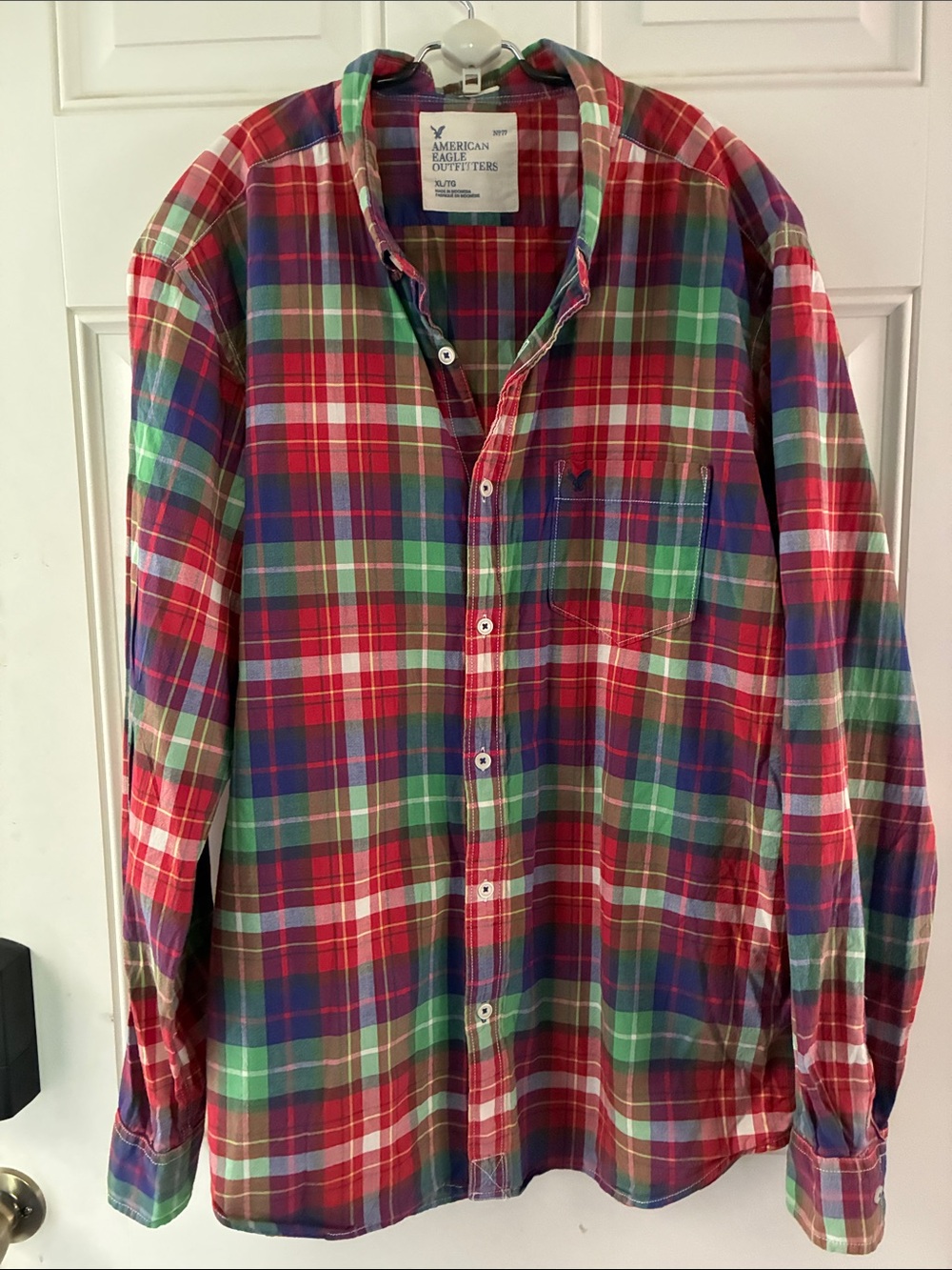 American Eagle Outfitters Red, Green & Blue Plaid Button-Down Shirt
